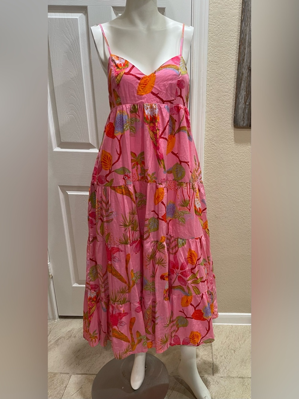 J.Marie Pink Tropical Bird Floral Tiered Maxi Dress Medium